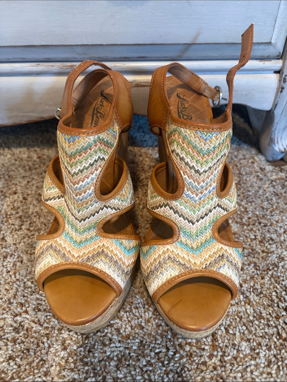 Lucky Brand Tan Multicolor Zigzag Wedge Sandals